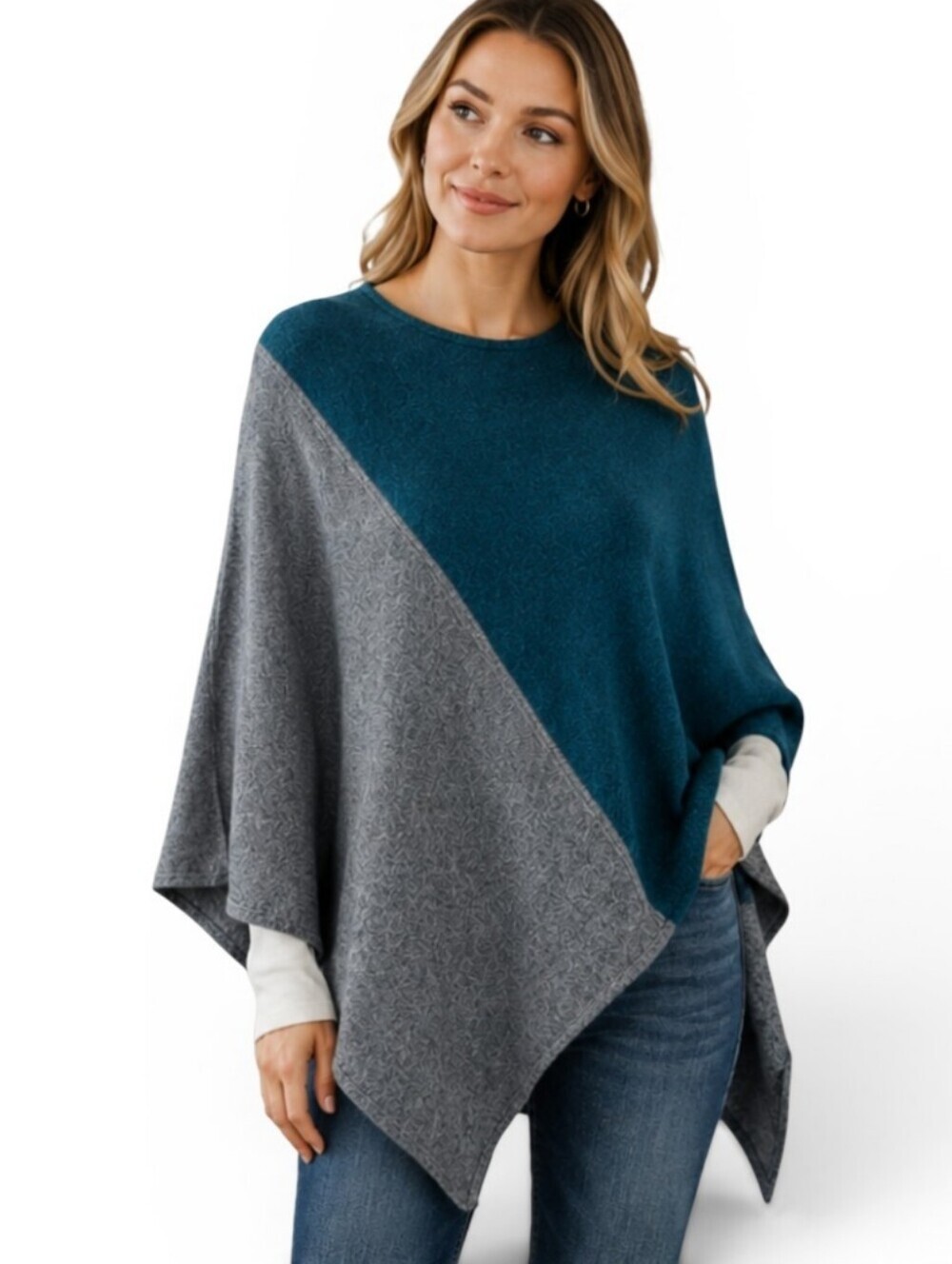 Celeste Cashmere Blend Colorblock Travel Wrap Poncho Navy Gray. O/S